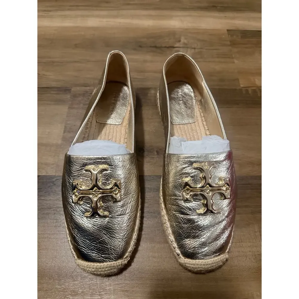 Tory Burch Eleanor Espadrille Metallic Leather Spark Gold Sz 8.5
